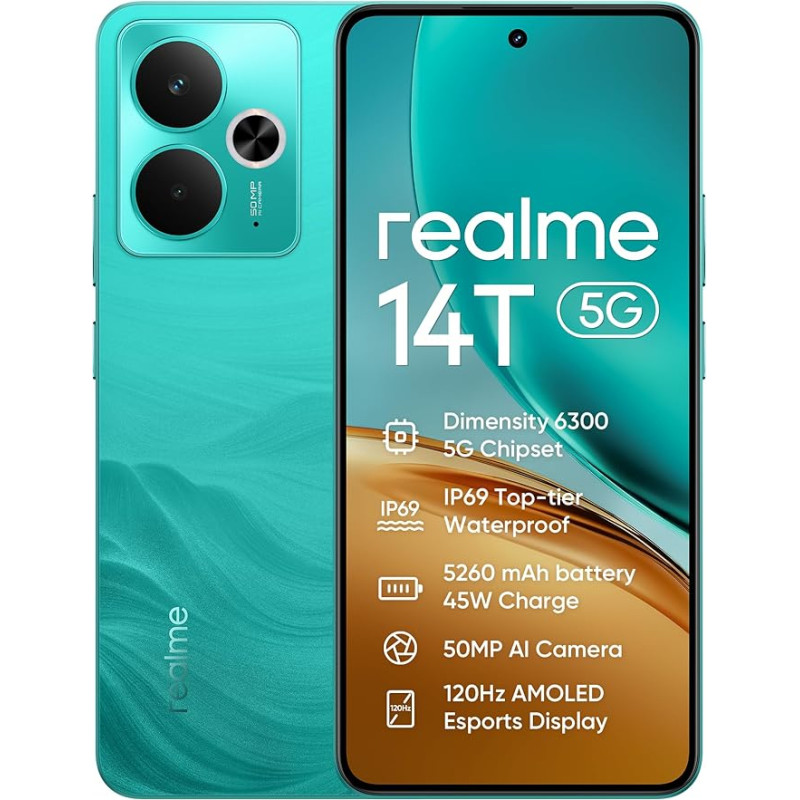 realme 14T nutitelefon 5g, 8+256GB, 5260mAh aku, Dimensity 6300 kiibistik, IP69 veekindel, 50MP kaamera, 120Hz ekraan koos Eye-Care efektiga, roheline, Amazon Exclusive (ilma adapterita)