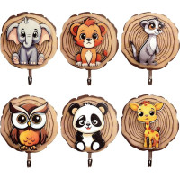 Yezirzax Pack of 6 Children's Coat Racks, Coat Hooks for Children in Animal Shape, Self-Adhesive Hooks, Wall Hooks, Wood, No Drilling, Wardrobes, Children's Room Decoration, Gift