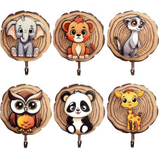 Yezirzax Pack of 6 Children's Coat Racks, Coat Hooks for Children in Animal Shape, Self-Adhesive Hooks, Wall Hooks, Wood, No Drilling, Wardrobes, Children's Room Decoration, Gift