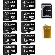 Cloudisk 10 Pack 1GB Micro SD Card with Micro SD Adapter Card Reader Memory Card (1GB)