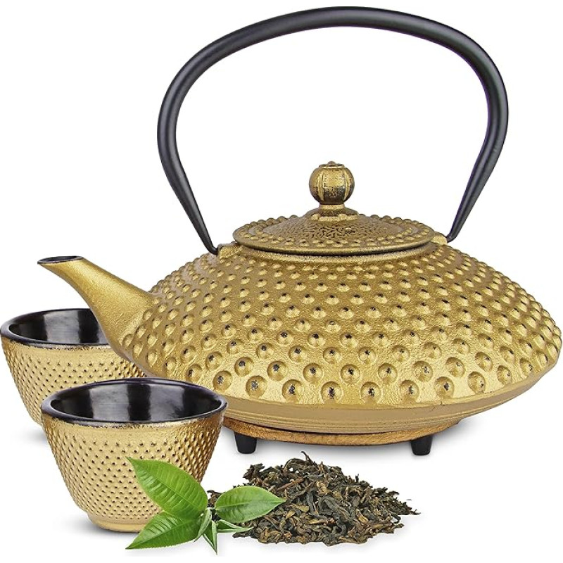 Tealøv Cast Iron Teapot Set, 1.25 Litres, in Gift Box, Complete Cast Iron Tea Set, Cast Iron Teapot with Strainer Insert, Tea Cups and Coasters, Japanese Style Tea Set, Gold