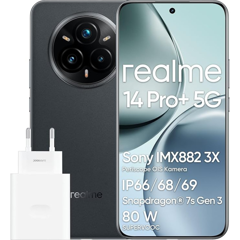 realme 14 Pro+ Android nutitelefon, 8+ 256GB, Sony IMX896 OIS kaamera, Qualcomm Snapdragon 7s Gen 3 5G, IP69, 6,83-tolline 120Hz ekraan, 5260mAh aku, hall (koos adapteriga)