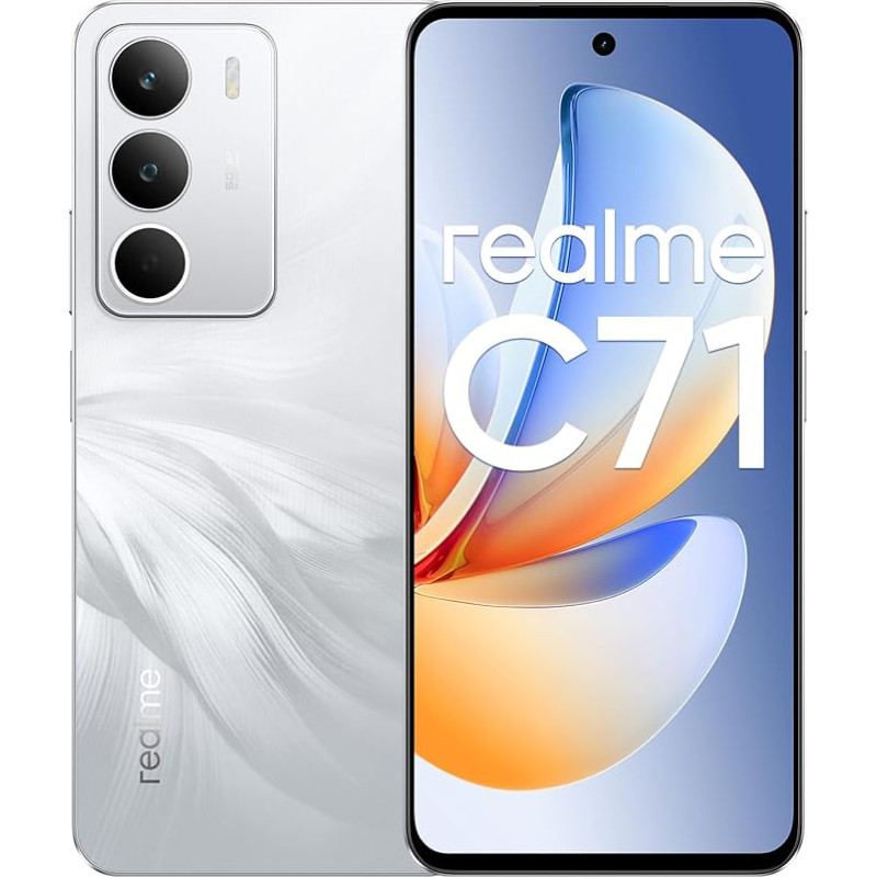 realme C71 nutitelefon 8+256 GB, 5G, Dual SIM, 50 MP kaamera, 6,67-tolline kuni 120 Hz ekraan, 6000 mAh suur aku, sõjaline löögikindlus, NFC, valge luik, ilma adapterita