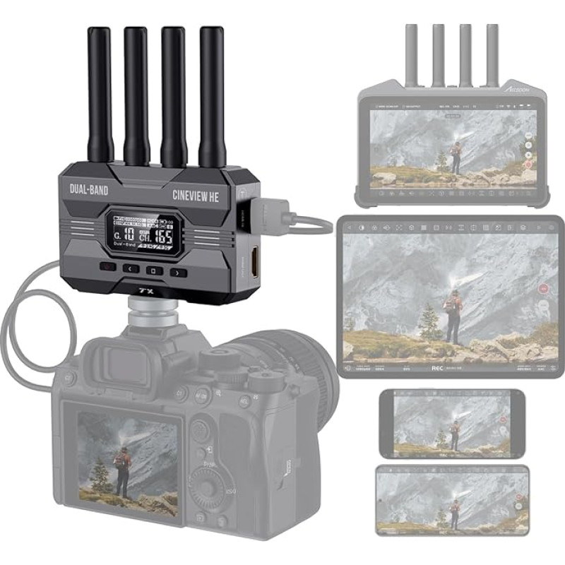 Accsoon CineView HE Kabelloser HDMI-Sender, 2.4GHz + 5GHz Dualband-Übertransport, 1080p60fps-Übertransport kuni 1200 Fuß, 60 ms geringe Latenz, toetab 4 seadet (ainult saatja)