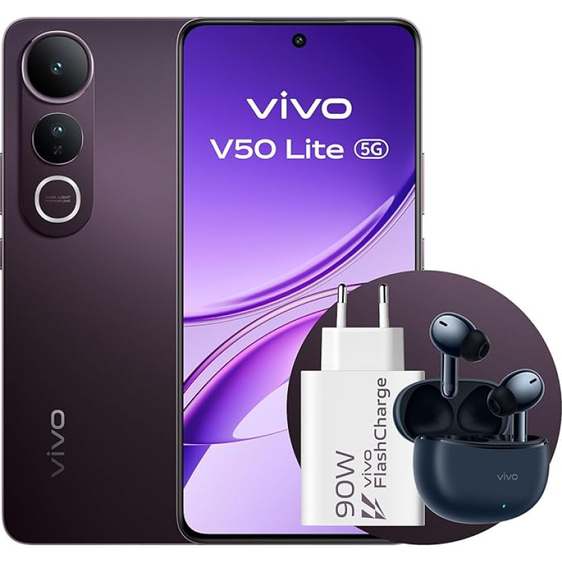 VIVO V50 Lite 5G nutitelefon, 8G+256G, komplekt koos laadija ja TWS 3e, 6,77-tolline 120Hz P-OLED ekraan, 50MP Sony põhikaamera + 8MP ultralaia nurgakaamera, 5200 mAh aku, 400% topelt stereokõlar, IP65