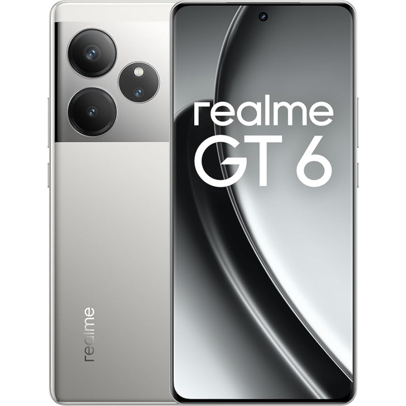 Realme GT6 nutitelefon 5G 12 + 256 GB, Snapdragon 8s Gen3 protsessor, ülikiire ekraan 120 Hz 6,78 tolli 6000nit, kaamera 50 MP Sony LYT-808, aku 5500 mAh, NFC, Dual SIM, hõbedane (ilma adapterita)