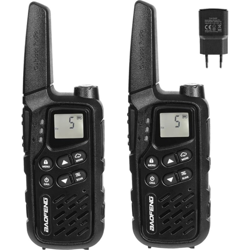 Baofeng PMR raadioside tasuta Walkie Talkie 16 kanaliga pikamaa käsiraadio koos kõrvaklappidega telkimiseks matkamiseks (must, 2 pakki)