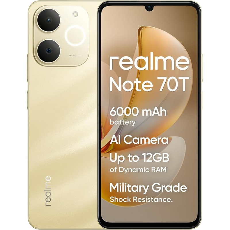 realme Note 70T 4G nutitelefon, 4+128GB, 6000mAh massiivne aku, 7,94 mm Ultra Slim, T7250 Octa-Core kiibistik, kuni 4+8GB dünaamiline RAM, Next AI, laadija ei kuulu komplekti, kuldne