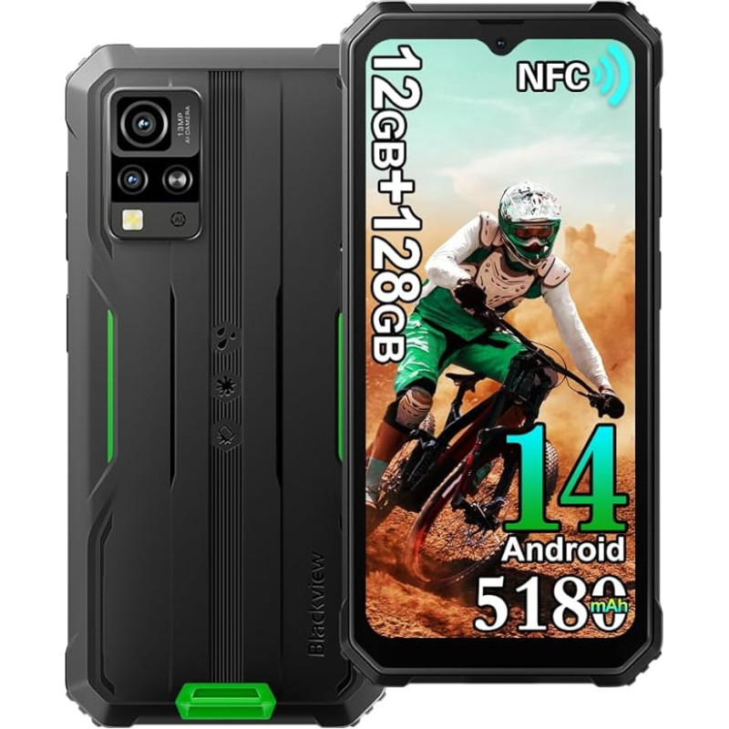 Blackview BV4800 Pro Android 14 Outdoor mobiiltelefon 2025, 12GB + 128GB ehitusplatsi mobiiltelefon, 6,56-tolline HD+ Outdoor nutitelefon NFC, 16MP kaamera, 5180mAh, IP68 veekindel, Dual SIM 4G, 5G