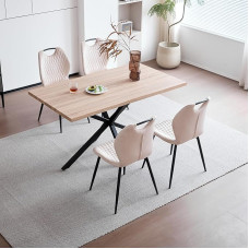 JZGORC söögilaud 4 tooliga, söögitoa komplekt, 140 x 78 x 77 cm, ristkülikukujuline puidust söögilaud, 4 kõrge seljatoega tooli, mustad Meta jalad, helepruun laud + beežid toolid