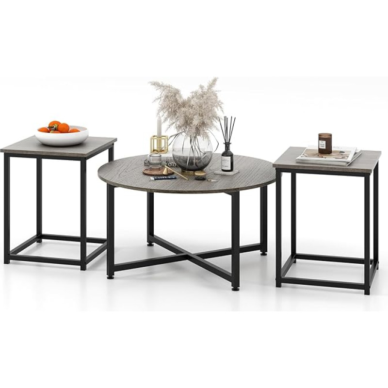 GIANTEX Kõrvallaud 3 kohvilaudade komplekt Ümmargune + ruudukujuline elutoa laud Puidust metallist raamiga laud Elutoa diivanilaud Kaasaegne pesitsuslaud Kohvilaud Kohvilaud elutoa magamistuppa