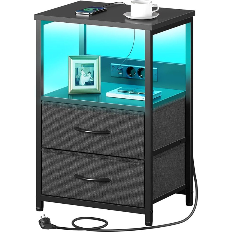 Rolanstar öökapp laadimisfunktsiooniga, LED-valgustusega küljelaud, 2 riidest sahtlit ja 3 tasandilist hoiukohta, puidust öökapp magamistuppa, 40 x 30 x 60 cm, 40 x 30 x 60 cm