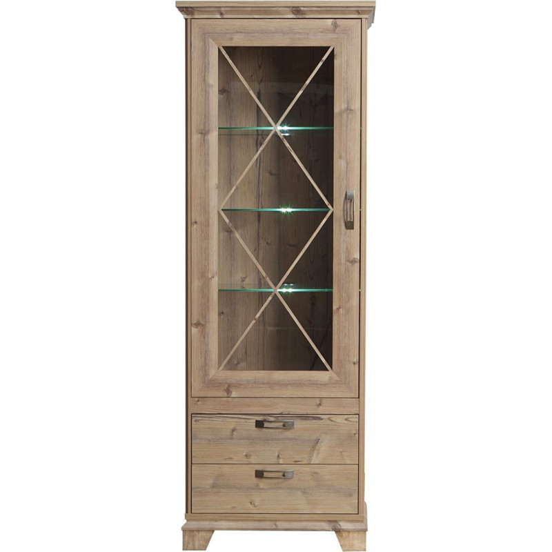 FORTE Nepal Bramberg kuusepuust vitriinkapp 1 klaasukse ja 2 sahtliga 75,6 x 209,2 x 45 cm