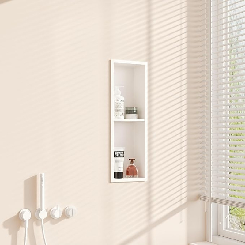 Qeke 304 roostevabast terasest seinasüvend, raamiga dušinurk, vannitoa hoiustamiseks mõeldud veepealne nišš, veekindel süvistatud nišš, ei vaja plaatimist, kahekordne kiht, 20 x 60 cm, valge