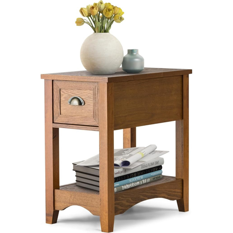 GIANTEX Retro küljelaud sahtli ja avatud riiuliga, ristkülikukujuline öökapp täispuidust jalgadega, kitsas väikestesse ruumidesse, elutuppa, magamistuppa (pruun, 1)