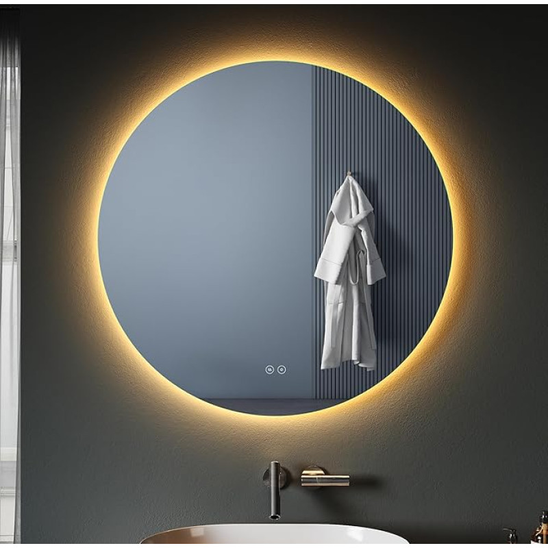 SONNI Vannitoa peegel koos valgustusega, ümmargune, 80 x 80 cm, LED-peegel koos puutetundliku lülitiga ja timmitavaga, uduvastane, 3 reguleeritavat valgusvärvi, ümmargune vannitoa peegel koos valgustusega