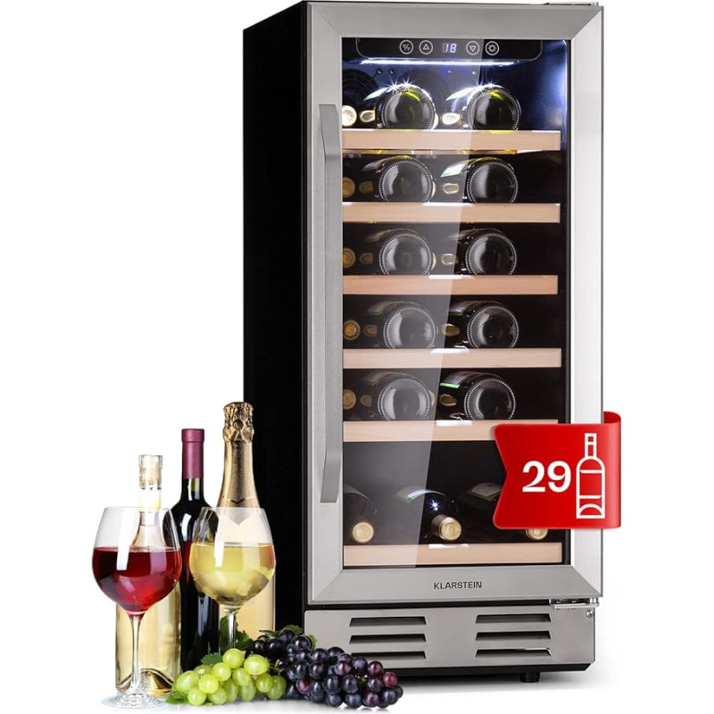 Klarstein Veinikülmik, vabalt seisev väike joogikülmik, õhuke 1-tsooniline veinikülmik klaasuksega, õllekindel, UV-kaitsega väike külmkapp, 5-18 °C, 81 liitrit / 29 pudelit.