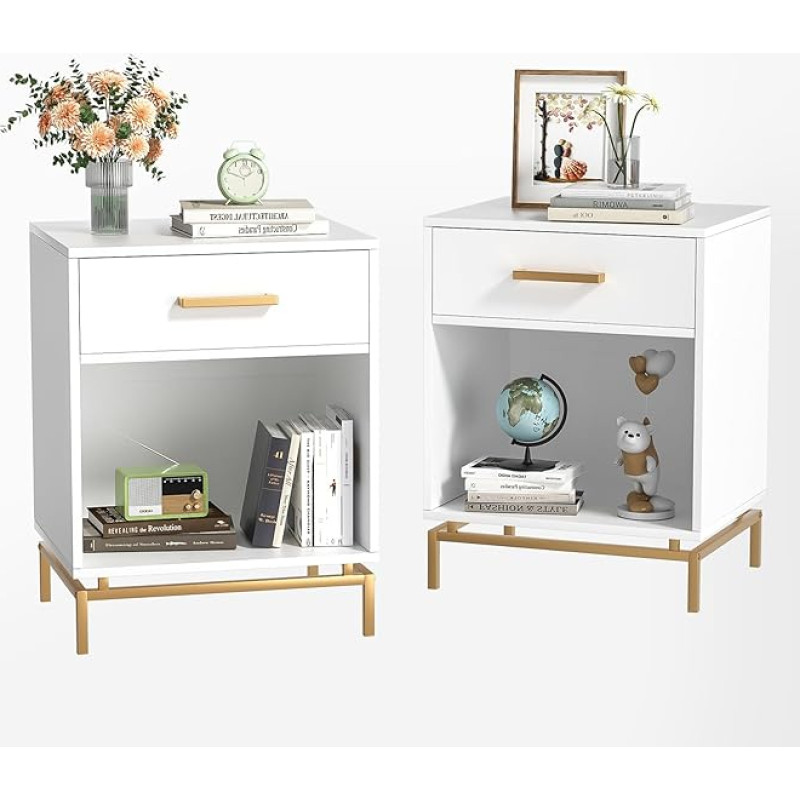 Yvsevnr Öölaud 2 valge puidust küljelaua komplekt, diivanilaud, öökapp kitsas sahtlitega ja avatud kambriga, telefonilaud, öökonsool magamistuppa, elutuppa, 48,5 x 40 x 63 cm.