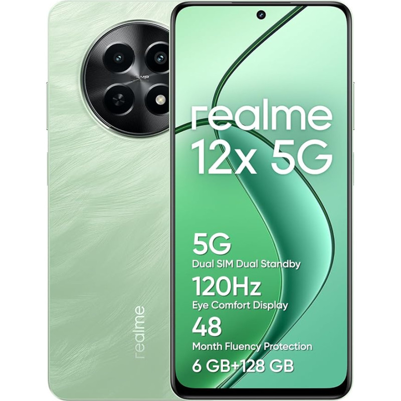 realme 12x 5G nutitelefon 6+128 GB, 50MP AI kaamera, 5G Dual SIM Dual Standby, TÜV SÜD 48-kuuline voolukindluse kaitse, 120Hz Eye Comfort ekraan, 360° NFC, 5000 mAh aku, Feather Green (ilma adapterita)