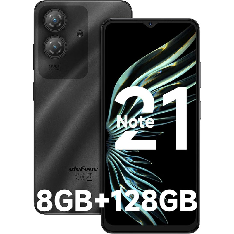 Ulefone Note 21 mobiiltelefon Android 14, 8GB RAM + 128GB ROM/SD-1TB, 6,56-tolline HD+ Octa Core, 5000mAh aku, 13MP + 8MP kaamera nutitelefon ilma lepinguta Widevine L1 Dual SIM 4G / sõrmejälg / nägu
