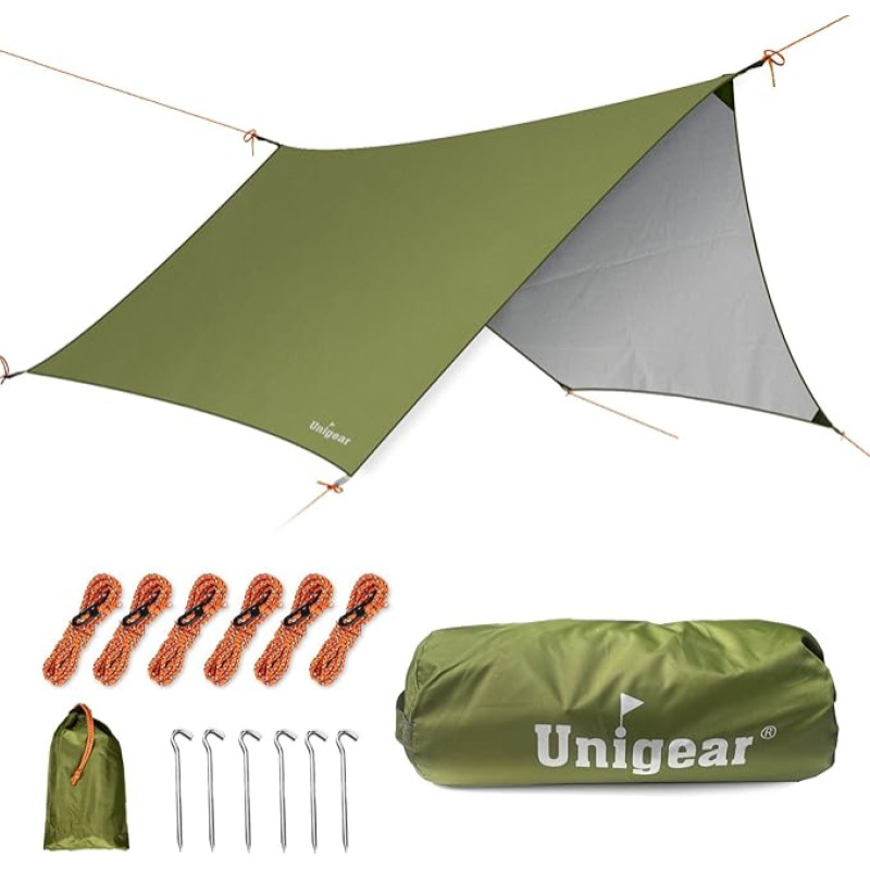 Unigear veekindel telk Tarp 350 x 290 cm / 450 x 420 cm kuusnurkne tarp koos aasadega + 6 alumiiniumpüünistega + 6 köit, varikatuse jaoks, vihmakate, päikesekaitse väljas telkimiseks, piknikuks, festivaliks.