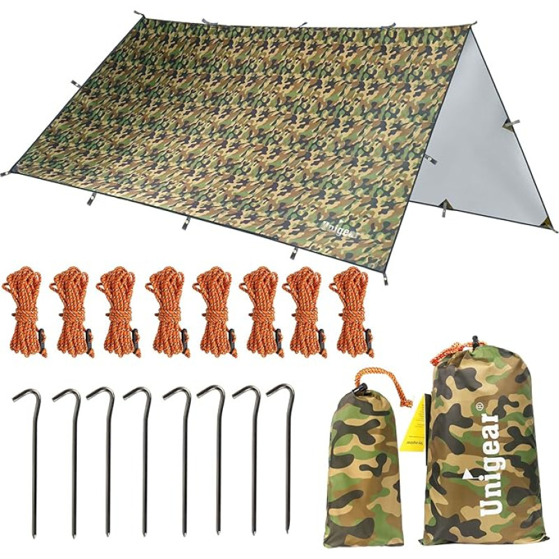 Unigear Tarpaulin, Tarp Hammocki veekindel koos aasadega, 6 tihvtidega, 6 trossiga Vihmakate Päikesekaitse meie vabaõhu telkimiseks Multi Way
