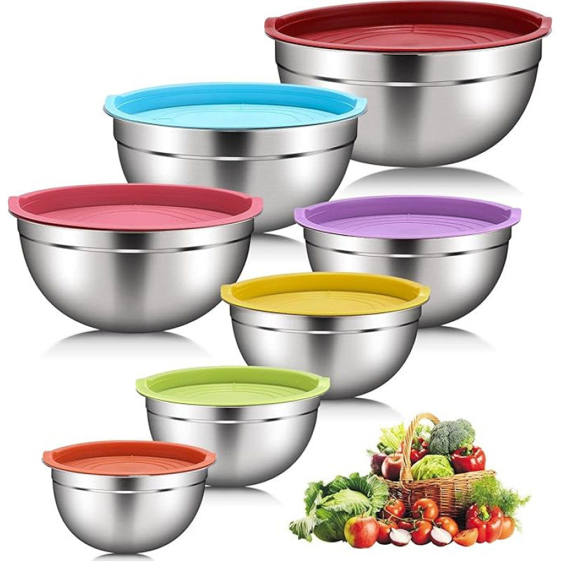 DaiWeier Set of 7 Stainless Steel Bowls with Colorful Lids, Mixing Bowls, Salad Bowls, Stackable for Minimal Storage, Essential Cooking, Kitchen Utensils