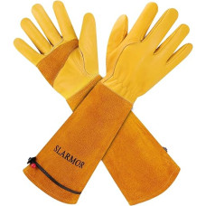 SLARMOR Leather Gardening Gloves for Men and Women, Thorn-Proof for Pruning Roses, with Forearm Protection, Long Cowhide Work Gloves for Garden and Household Tasks, Size XL, Yellow