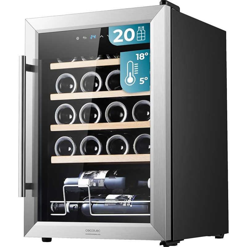 Cecotec Bolero GrandSommelier 2050 Inox Compressor Drinks Fridge 24 Bottles Adjustable Temperature from 5-18°C, High Performance, Quiet Operation and Vibration-Free