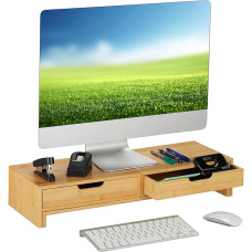 Relaxdays Monitor Stand for 2 Monitors, Extendable, Adjustable, HBT: 11 x 107 x 22 cm, Desk Monitor Riser, Natural