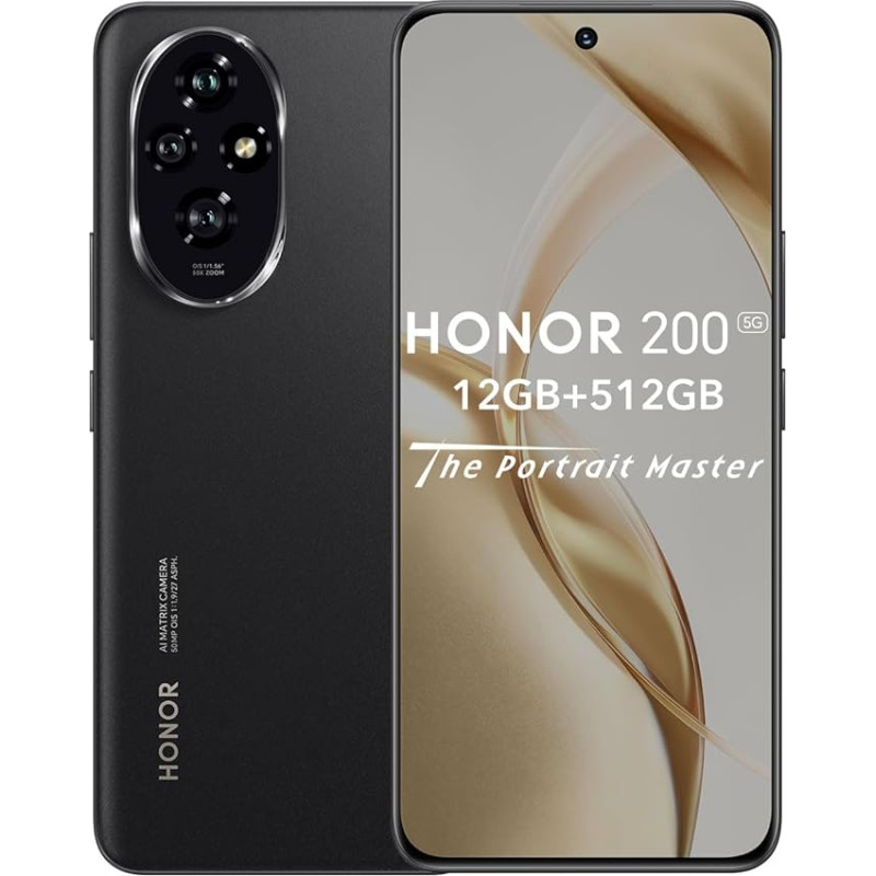 HONOR 200 5G nutitelefon 12 + 512 GB, 120 Hz 6,7-tolline AMOLED, 50MP kolmekordne kaamera, Snapdragon 7 Gen 3, 5200 mAh aku koos 100 W laadijaga, Android 14, Dual SIM, NFC, must