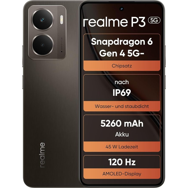 realme P3 5G 12GB + 512GB nutitelefon 120Hz AMOLED E-Sport Snapdragon® 6 Gen 4 50MP AI kaamera 5260mAh aku Space Cooling System IP69 Hall (ilma adapterita)