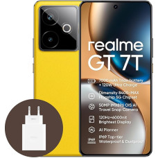 realme GT 7T 5G nutitelefon, 12+256GB, 7000 mAh aku, 120W laadimine, Dimensity 8400-MAX kiibistik, IMX896 50MP kaamera, AI Planner, 6000nits Pro-Esports 120Hz ekraan, IP69, kollane, Amazon eksklusiivne