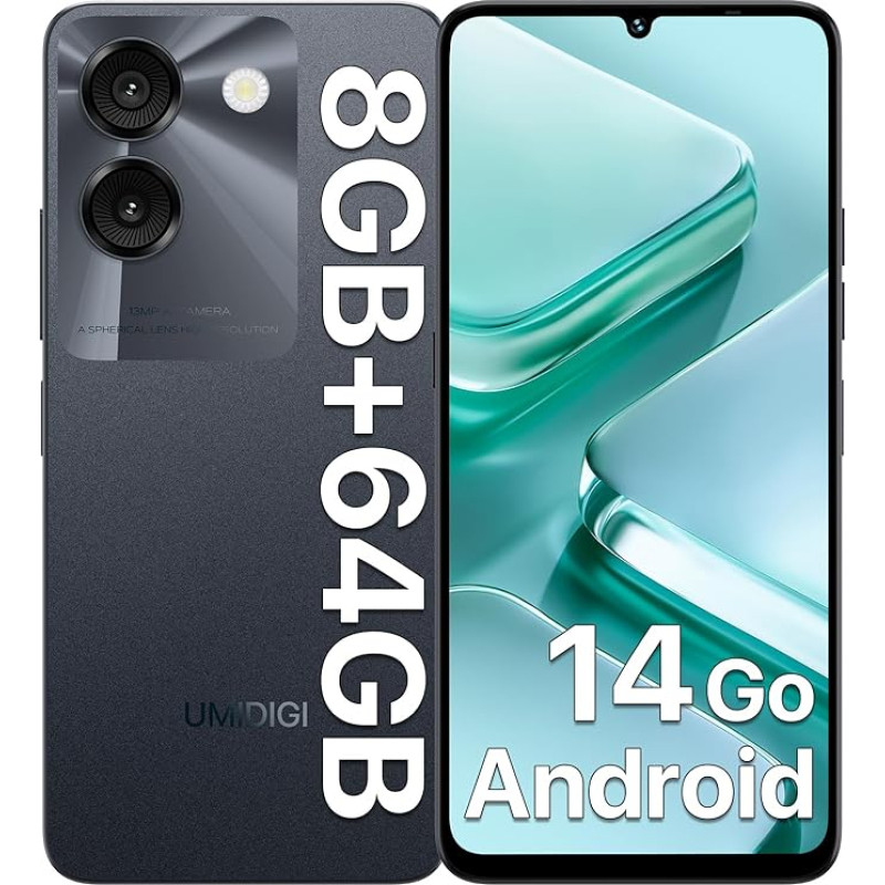 UMIDIGI G9A mobiiltelefon, Android 14 GO nutitelefon ilma lepinguta, 8GB + 64GB/1TB TF, 6,75-tolline HD + okta-tuumaline protsessor, 4G Dual SIM Android mobiiltelefon, 13MP + 8MP/5000mAh/Face ID/GPS- Must