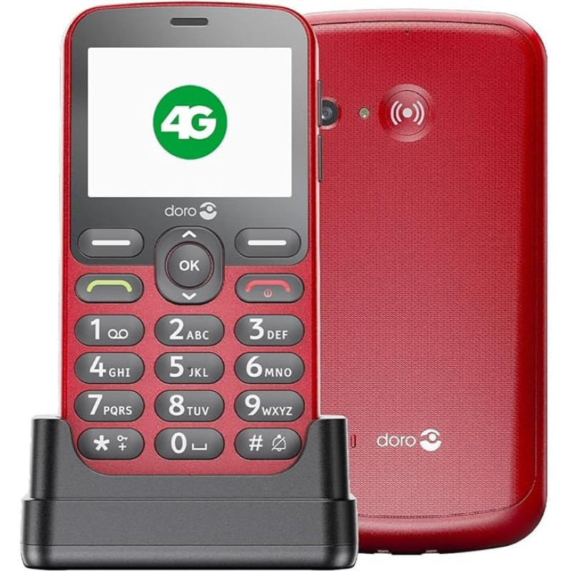 Doro - 1880-4G vanemate mobiiltelefon ilma lepinguta - Suur 2,4'' ekraan - Häälväljundiga nupud - Selge heli - Kaamera - Bluetooth - Hädaabikõnede nupp - Punase värvi