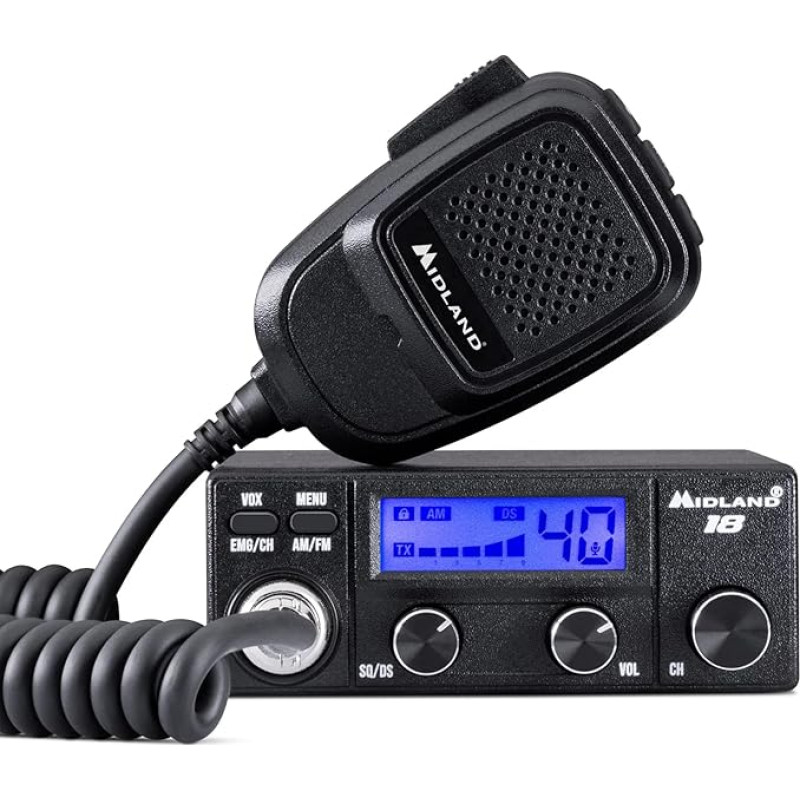 Midland 18 CB-raadio LCD-ekraaniga, VOX käed-vabad funktsiooniga, 12 V ühendus, multistandard, S-meeter, RF võimendi, autole ja veoautole, musta värvi