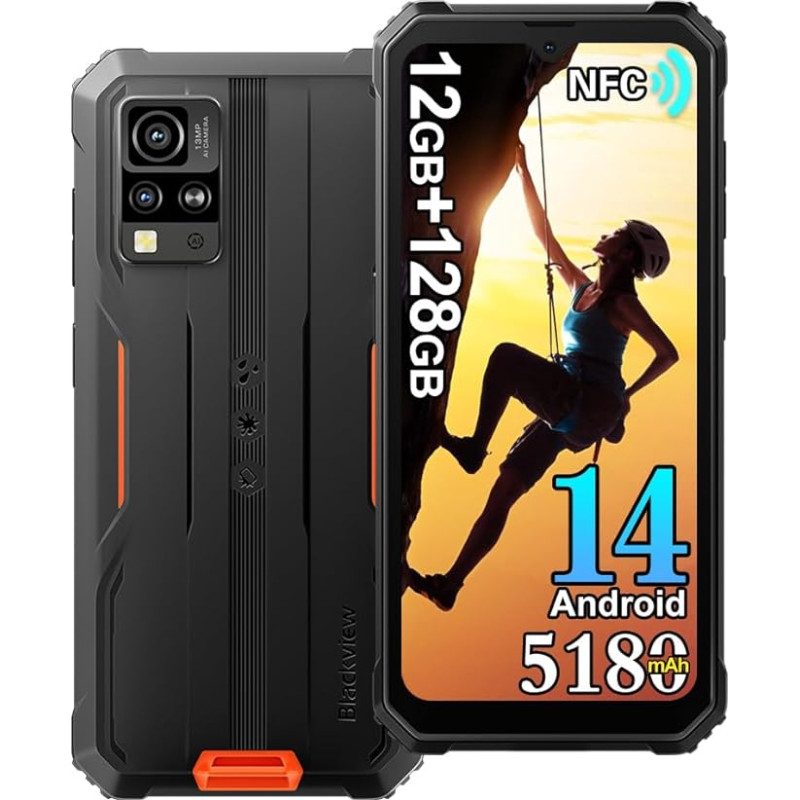 Blackview BV4800 Pro Android 14 Outdoor mobiiltelefon 2025, 12GB + 128GB ehitusplatsi mobiiltelefon, 6,56-tolline HD+ Outdoor nutitelefon NFC, 16MP kaamera, 5180mAh, IP68 veekindel, Dual SIM 4G, 5G
