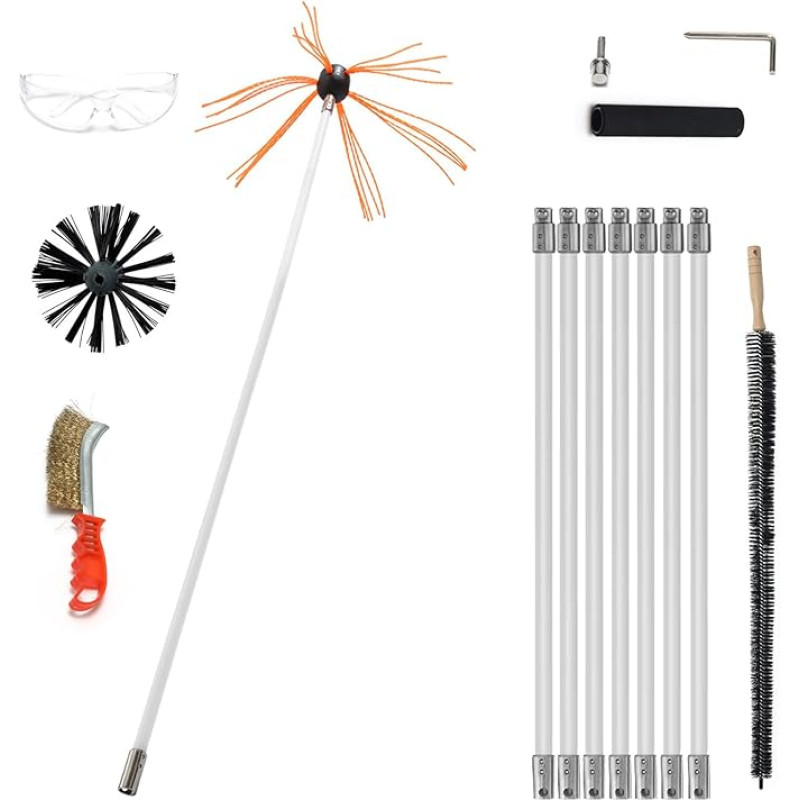 Kaminahari 8 m, korstnapühkimishari, pliidipuhasti harja, professionaalsed tööriistad, saab kasutada: Kaminaharja komplekt koos 1 radiaatoriharjaga, 1 traatharjaga, 8 vardaga.