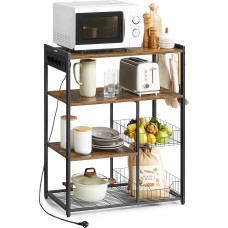 VASAGLE KKS196K01 Köögiriiul pistikupesadega, seisev riiul 2 metallkorviga, pagaririiul konksudega, riiulid, 35 x 80 x 93,5 cm, tööstusdisain, Vintage Brown/Must värviline must