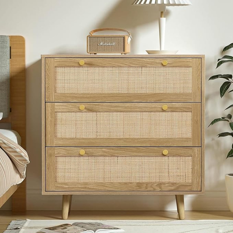 Yvsevnr Looduslik rotangist kapp Magamistoas kapp 3 sahtliga Tamm palju hoiuruumi Puidust sahtli kapp magamistoas elutuba koridor kapp 80 x 40 x 91.4