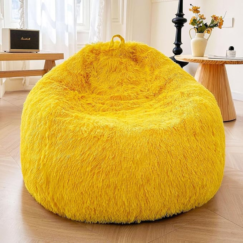 XeGe Fauxfur Cuddle Bag Cover (ilma täidiseta), kohev Bean Bag Cover mänguasjade hoiustamiseks või kodu kaunistamiseks, suur pehmo Bean Bag Cover täiskasvanutele ja lastele, kollane