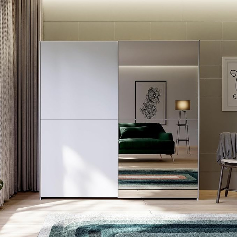 Forte Schach & MATT riidekapp 190, 2 lükanduksega riidekapp ja põrandapikkune peegel, komposiitpuit, valge, laius 190,1 cm, kõrgus 190,5 cm, sügavus 61,2 cm.