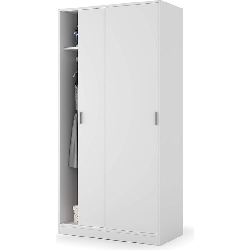 Kahe lükanduksega riidekapp koos riideriiuliga ja ühe siseriiuliga, valge, mõõdud 100 x 200 x 51 cm