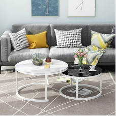 Stapelbare Couchtische mit Glasplatte, 2 Stück, Marmoreffekt, Metallrahmen, Nisttische für Zuhause, Büro oder Wohnzimmer