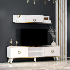 Sophia seinakapp - elutoa telerikomplekt - TV kapp - TV Lowboard - TV Stand - TV mööbel 2 ukse ja seinariiuliga läikivas disainis (valge)