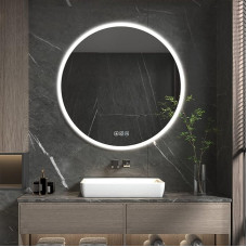 furduzz timmitav ümmargune LED-vannitoa peegel koos valgustusega, seinale paigaldatav vannitoa peegel sensori puudutava lülitiga, 3 valgusvärvi, uduvastane ja nutikas mälufunktsioon, 600 mm läbimõõduga.