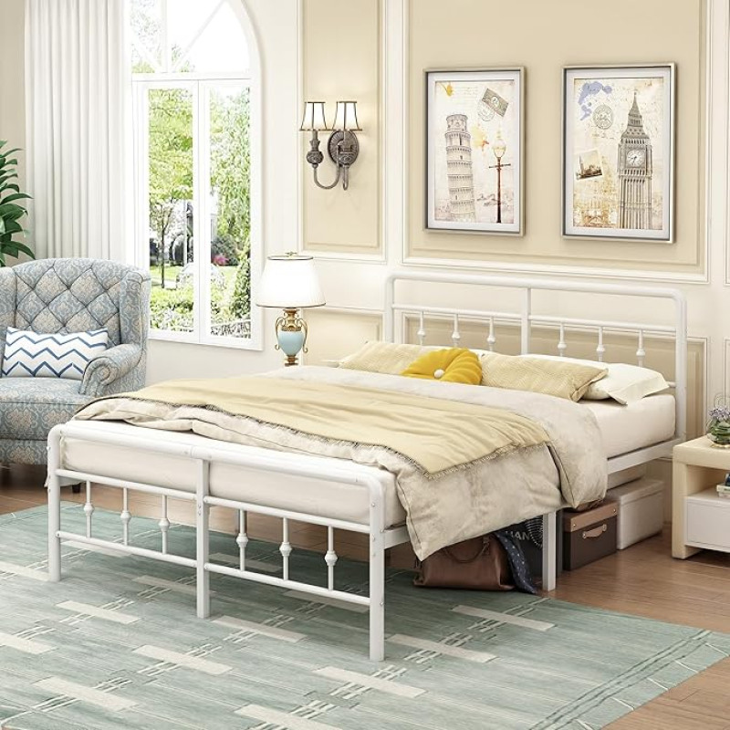 EMODA kaheinimesevoodi 180 x 200 cm koos pea- ja jalatoega, voodiraam 46 cm kõrge, tugev voodiraam, lihtne kokkupanek, müravaba, valge