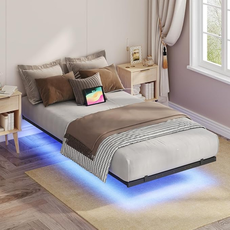 MAHANCRIS Voodiraam 90 x 200 cm hõljuv voodiraam Voodiraam LED ja laadimisjaamaga Puidust liistude tugi ühe voodi magamistoa külalistetuppa musta ja puidu värvi ABFHN636UE01