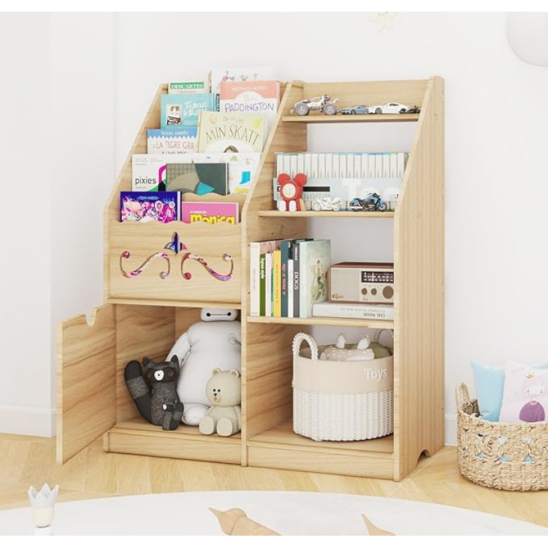 PUNCIA Puidust raamaturiiul lastele, mänguasjade riiul 5 avatud rätikuga, 4 kapi, lastetoa riiul, hoiuriiul lastetuppa, lasteaeda, mängutuppa, raamatud, naturaalsena
