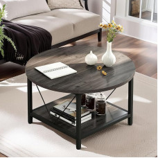 DWVO ümmargune kohvilaud, 2-astmeline elutoa laud, tööstuslik kohvilaud avatud hoiuriiuliga, puidust kohvilaud metallraamiga, lihtne kokkupanek, hall